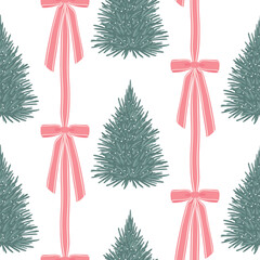Stylish seamless pattern featuring decorative Christmas trees and vertical pink ribbon garlands on white. Modern, elegant, and cute for holiday fabric, packaging, and home decor.