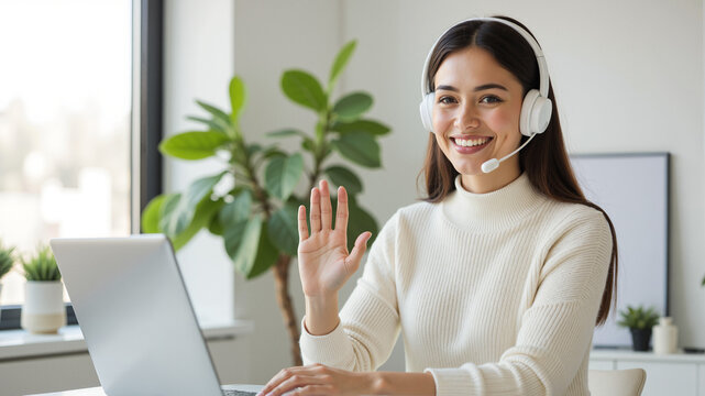 Online Interpreter in Headset – Professional Translator Using Laptop at White Table for Video Calls, Sign Language Services, and International Day of the Deaf Awareness