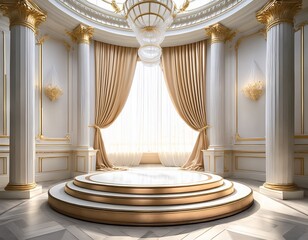 a tiered circular platform with gold accents sits within a classic style room featuring white columns and draped pastel fabrics