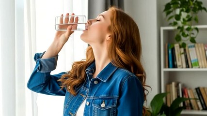 Young woman with long wavy red hair drinking water from a glass by a window with plants in the background - Powered by Adobe