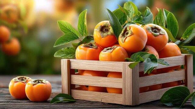 Ripe persimmons with green leaves are arranged in a wooden crate, sitting on a gray table, with a blurred orchard in the background, suggesting a recent harvest during autumn