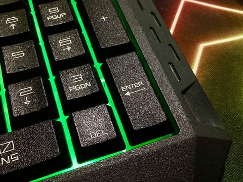 gaming keyboard with bright backlight, close up of a cool gaming keyboard