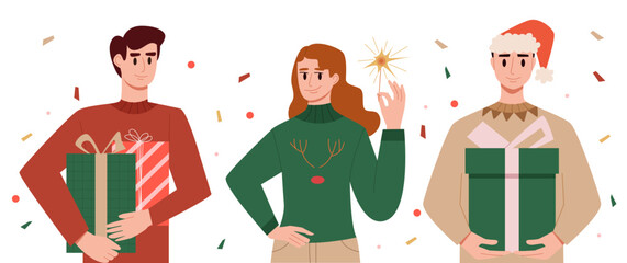 Happy people in different festive sweater celebrating. Winter holidays. Christmas party. Flat vector illustration.