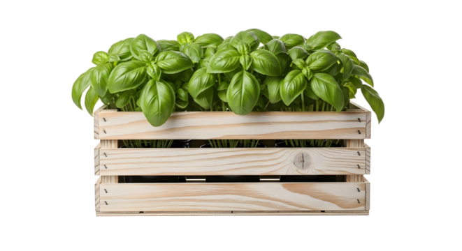 Fresh basil plants in a wooden crate isolated on transparent background , ai generated image