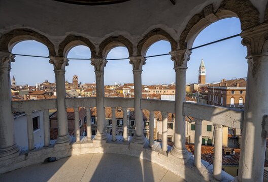 View of houses in Venice with campanile from the tower of Palazzo Contarini del Bovolo, palace with spiral staircase, Venice, Veneto, Italy