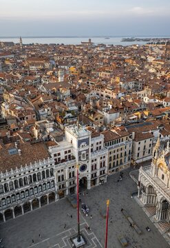 St Mark's clock tower on St Mark's Square, view from the Campanile di San Marco bell tower, city view of Venice, Veneto, Italy