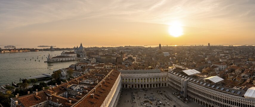 Panorama, St Mark's Square and Basilica di Santa Maria della Salute on the Grand Canal at sunset, view from the Campanile di San Marco bell tower, city view of Venice, Veneto, Italy