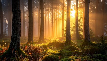 Sunlight streams through a dense forest, creating a magical atmosphere with visible light rays and a vibrant, green forest floor.