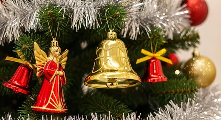 Close-up view of a festive Christmas tree adorned with golden bells, a red angel, and silver tinsel decorations.