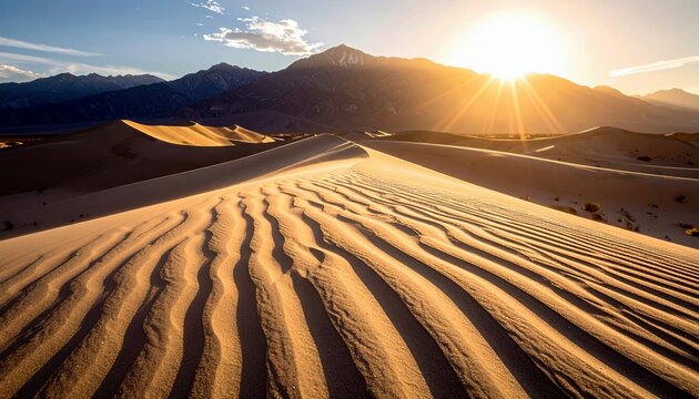 A vast desert landscape at sunrise, featuring undulating sand dunes with visible wind patterns and a bright sunburst illuminating the sky and distant mountains. - Powered by Adobe