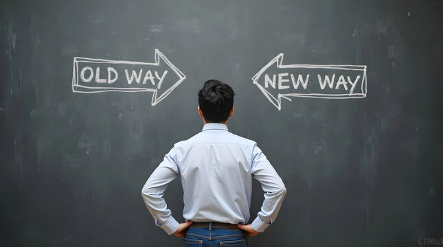 Person facing a choice between the old way and the new way, symbolizing the "old vs new" concept in the context of personal and professional growth. - Powered by Adobe