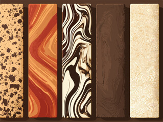 様々な模様と色のチョコレートバーのテクスチャを並べた、高級感のあるベクター背景素材。デザートやカカオの表現に。