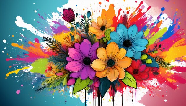 colorful floral bouquet vibrant paint splatter