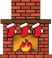 This charming illustration depicts a classic Christmas fireplace adorned with three festive red stockings. The vibrant brick design creates a warm and inviting atmosphere, while the flickering flames 