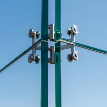 Close-up of modern glass facade with stainless steel spider fittings connecting clear and green-tinted glass panels against a blue sky, showcasing architectural detail.
