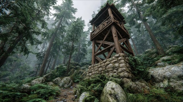 Wooden lookout tower perched on a rocky cliffside overlooking a misty forest, with dense evergreen trees and shrouded mountains