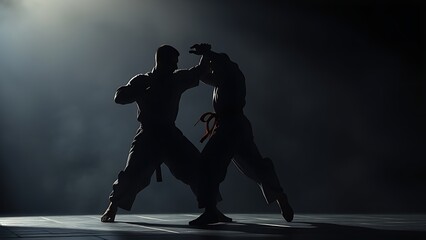 taichi. Two martial artists are captured in a dynamic, powerful pose against a dark, abstract backdrop. event key visuals, club posters, designed for sports event promotions and stadium branding.
