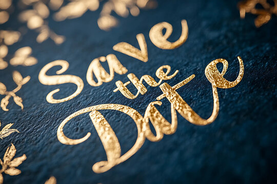 Navy and gold foil save the date card close up photo