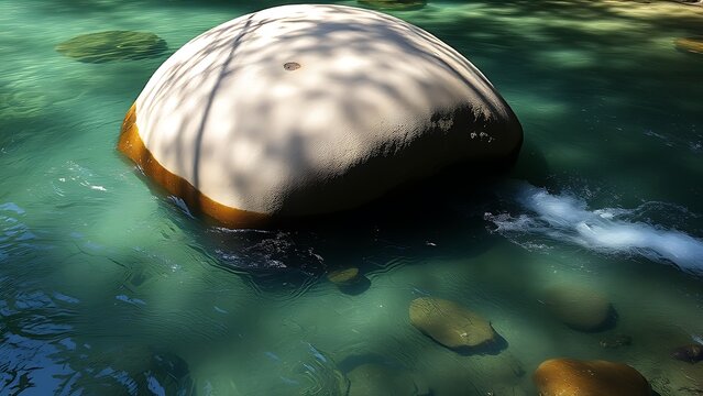amphibole. A massive weathered boulder resting at the bottom of a clear, deep pool. travel magazines, destination branding, wall prints, designed for travel destination branding, used by teachers.