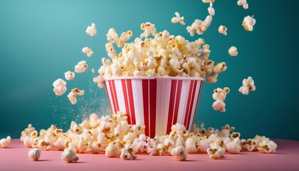 a tipped striped container overflows with fluffy popcorn against a soft pink background kernels fly in mid air