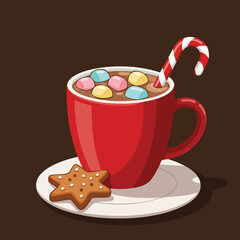 Hot chocolate cup with colorful marshmallows and cookie on a plate for cozy winter moments 