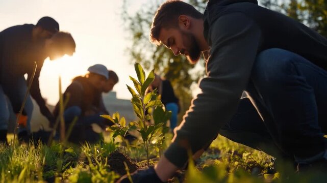 Community Garden's Tender Touch: A team of volunteers collaborates in a shared act of cultivation, planting a sapling with care, embodying growth and the beauty of working together. 