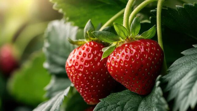 Close-up view of ripe, red strawberries growing on a lush plant in a sunlit field, basking in warm sunlight and eagerly awaiting the harvest season