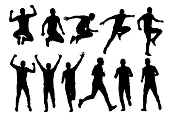 Set of male silhouettes in action poses including jumping, running, and celebrating