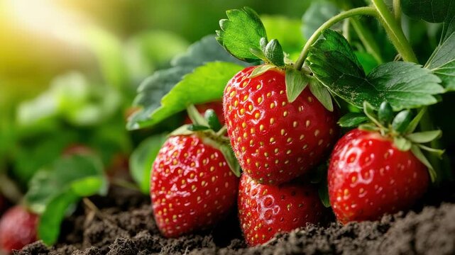 Close-up view of ripe, red strawberries growing on a lush plant in a sunlit field, basking in warm sunlight and eagerly awaiting the harvest season