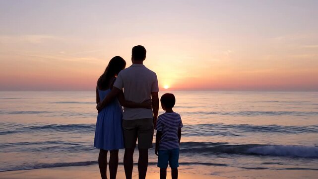 A family stands together, viewing a beautiful sunset by the ocean, with the sun setting over the water