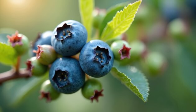 Ripe blue blueberries grow on tree branch close-up. Small green berries and leaves surround fruit cluster. Sunlight shines on plant in nature. - Powered by Adobe