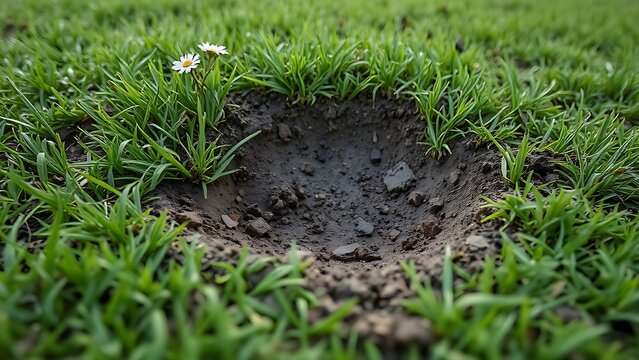 spodumene. Small depression in lawn with scattered soil fragments and textured ground. real-estate listings, architecture portfolios, designed for real-estate listing and luxury residence showcases.