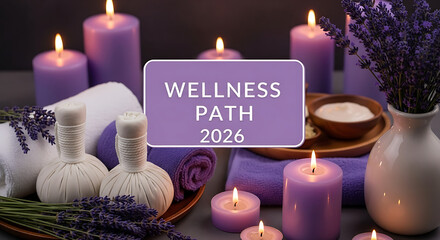 Still life of a serene wellness retreat, emphasized by the calming purple palette and soft ambient lighting for a restful experience.