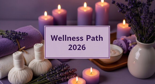 Elegant beauty and therapy still life, showcasing glowing purple candles and traditional compress balls for ultimate spa tranquility. - Powered by Adobe