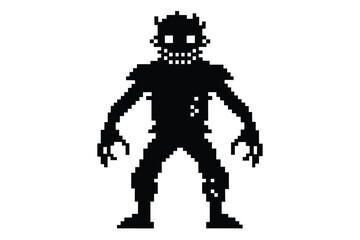 Pixelated zombie silhouette with glowing eyes and tattered clothes appears menacing on a plain background