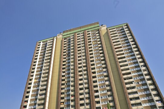 Residential tower block K&ouml;lnBerg, a social hotspot in the Meschenich district of Cologne, North Rhine-Westphalia, Germany