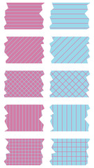 Set of blue and pink washi tapes with patterns isolated on white. Tapes collection in vector. Pieces of decorative tape for scrapbooks. Torn paper. Lines, cell