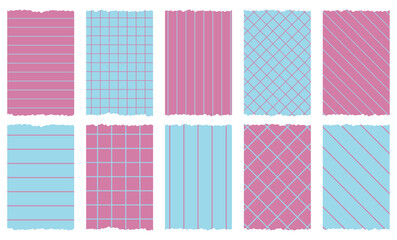 Set of blue and pink washi tapes with patterns isolated on white. Tapes collection in vector. Pieces of decorative tape for scrapbooks. Torn paper. Lines, cell