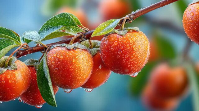 Close-up of ripe, orange persimmons covered in glistening water droplets, hanging from a branch with green leaves, evoking the freshness of harvest season