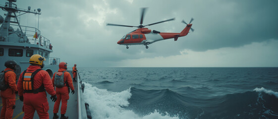 Maritime Rescue Helicopter – Emergency Personnel on Crane Vessel Ship During Storm for Aviation Safety Training, Maritime Security Materials, and Coast Guard Operations Illustrations