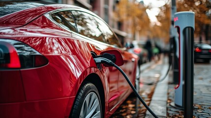 Red electric car charging at a station in an urban area during autumn season