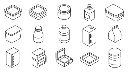 Isometric Outline Icons of Various Food Storage Containers and Bottles Keywords: food storage, containers, bottles, isometric, outline, icons, packaging, box, jar, canister, lunchbox, refrigerator