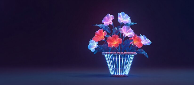 Illuminated floral arrangement studio digital art dark environment close-up view modern aesthetics