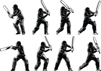 Cricket batsman silhouette collection showing batting poses, action stances and sports movements for athletic design, training illustration, competition and cricket artwork projects
