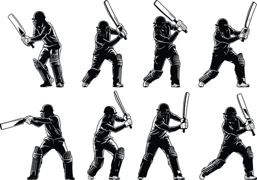 Cricket batsman silhouette collection showing batting poses, action stances and sports movements for athletic design, training illustration, competition and cricket artwork projects