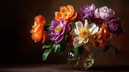 Floral arrangement of colorful peonies in a vintage pitcher creates a classic still life, conveying elegance, beauty, and a timeless charm, perfect for various aesthetic uses