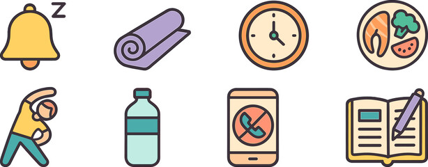 Wellness icons: meditation, nutrition, and exercise themes