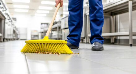 Worker sweeping floor in commercial kitchen with yellow broom and food scraps , ai generated image