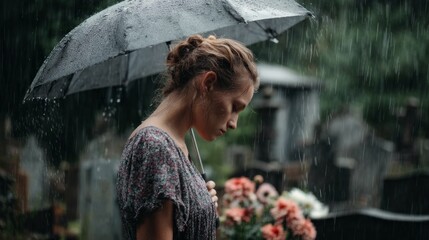 A middle aged woman holds a black umbrella, her expression thoughtful and somber. Raindrops fall around her as she stands in a graveyard, surrounded by gravestones and flowers, reflecting deeply