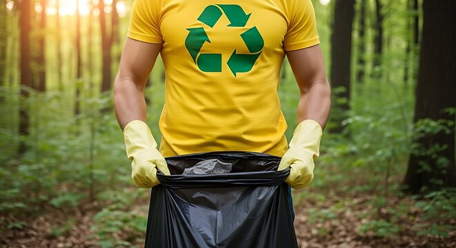 Volunteer picking up trash in a forest, promoting environmental conservation